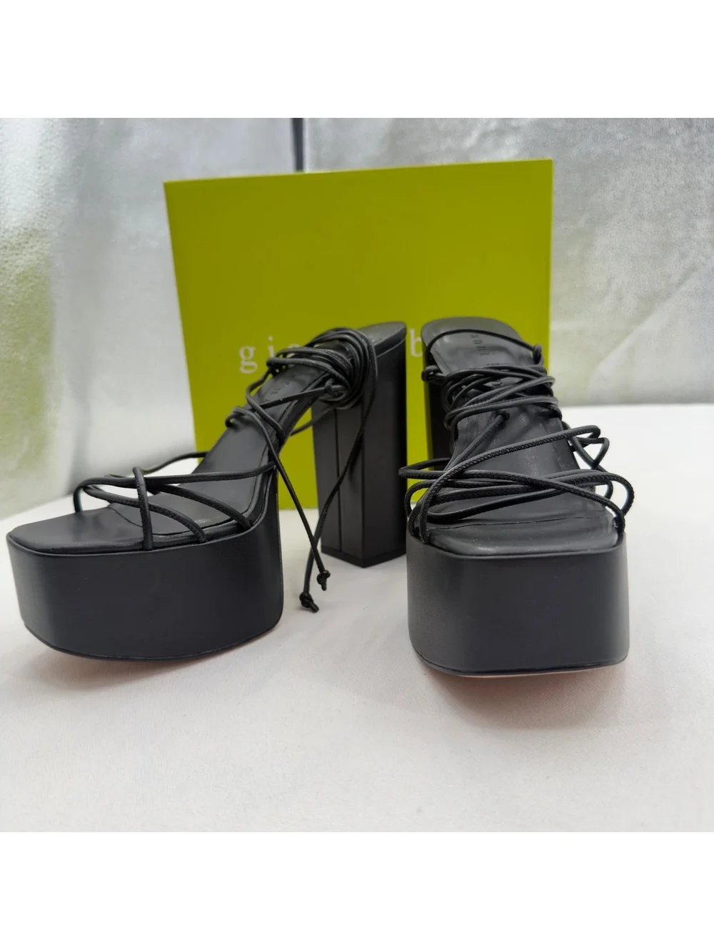 NEW Gianni Bini Rixey Leather Black Platform Chunky Block Heels Strappy Lace Up